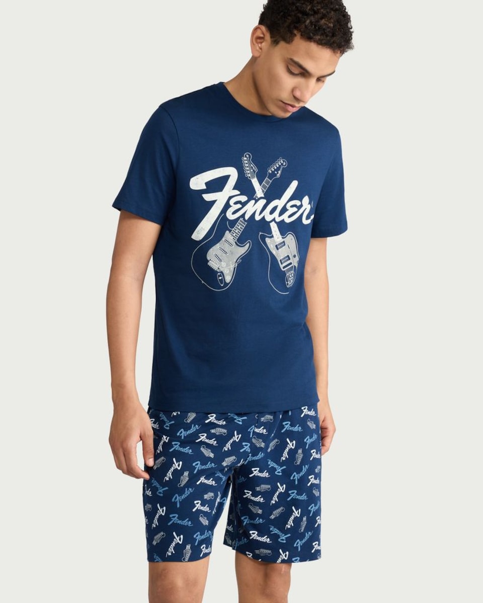 image 1 of Fender Pure Cotton Guitar Print Shorts Pyjama Set in Navy