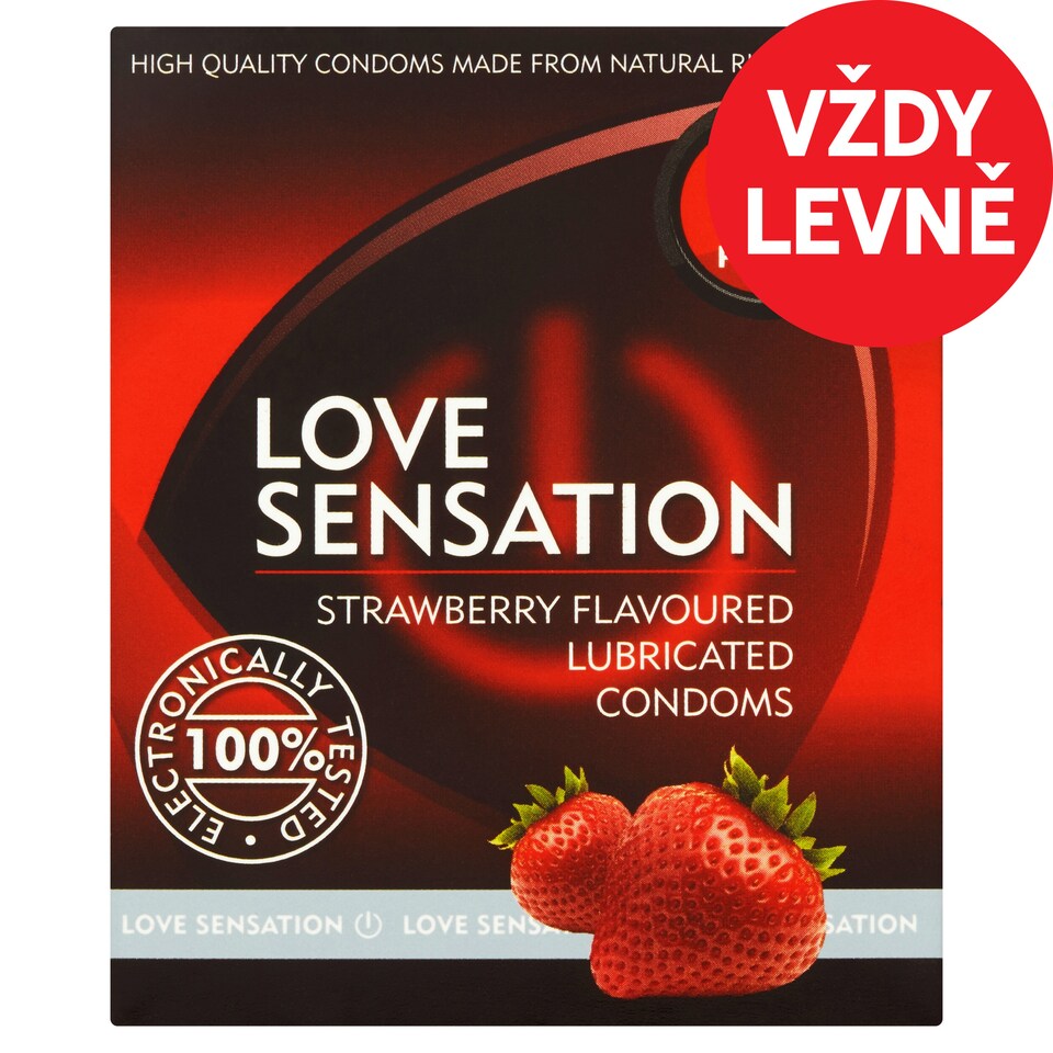 Love Sensation Hladké lubrikované kondomy s jahodovou vůní 3 ks