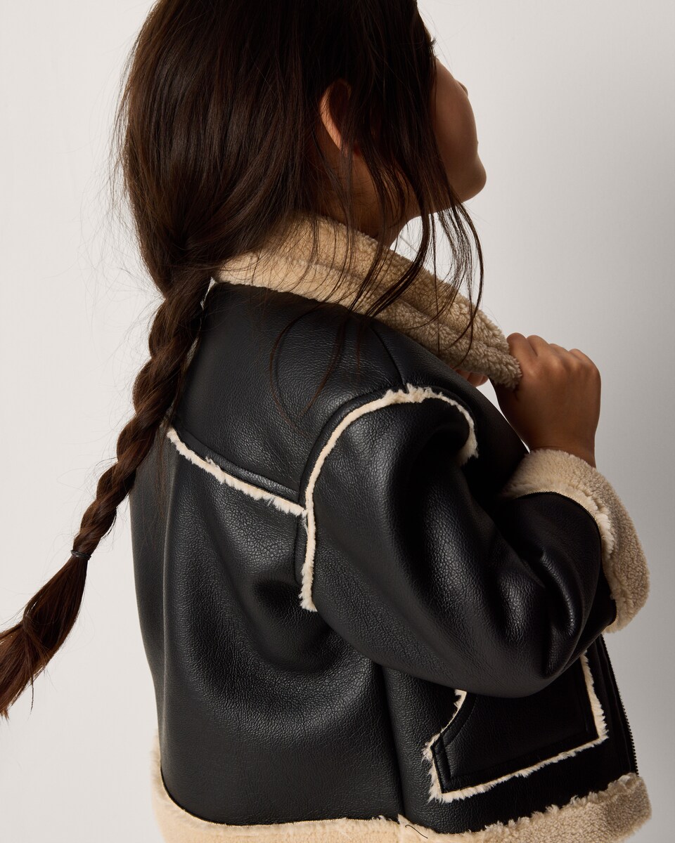image 1 of F&F Girls Faux Leather Aviator Jacket in Black
