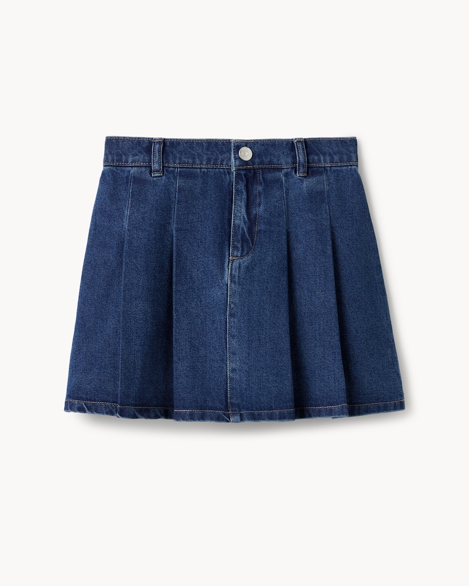 image 1 of F&F Girls Pure Cotton Pleated Denim Skirt in Blue