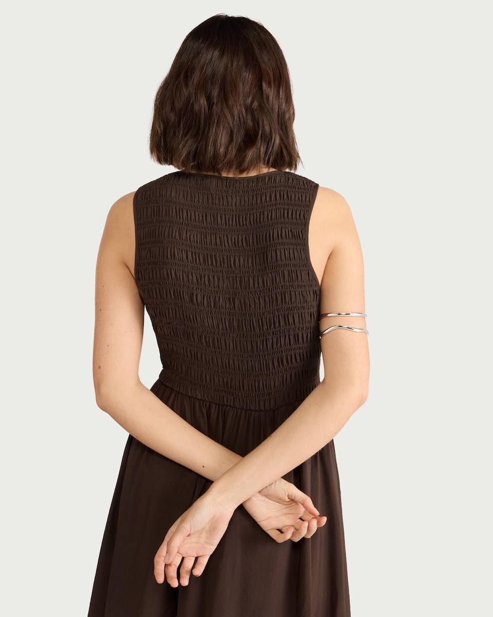 image 1 of F&F Shirred V Neck Midi Dress in Chocolate