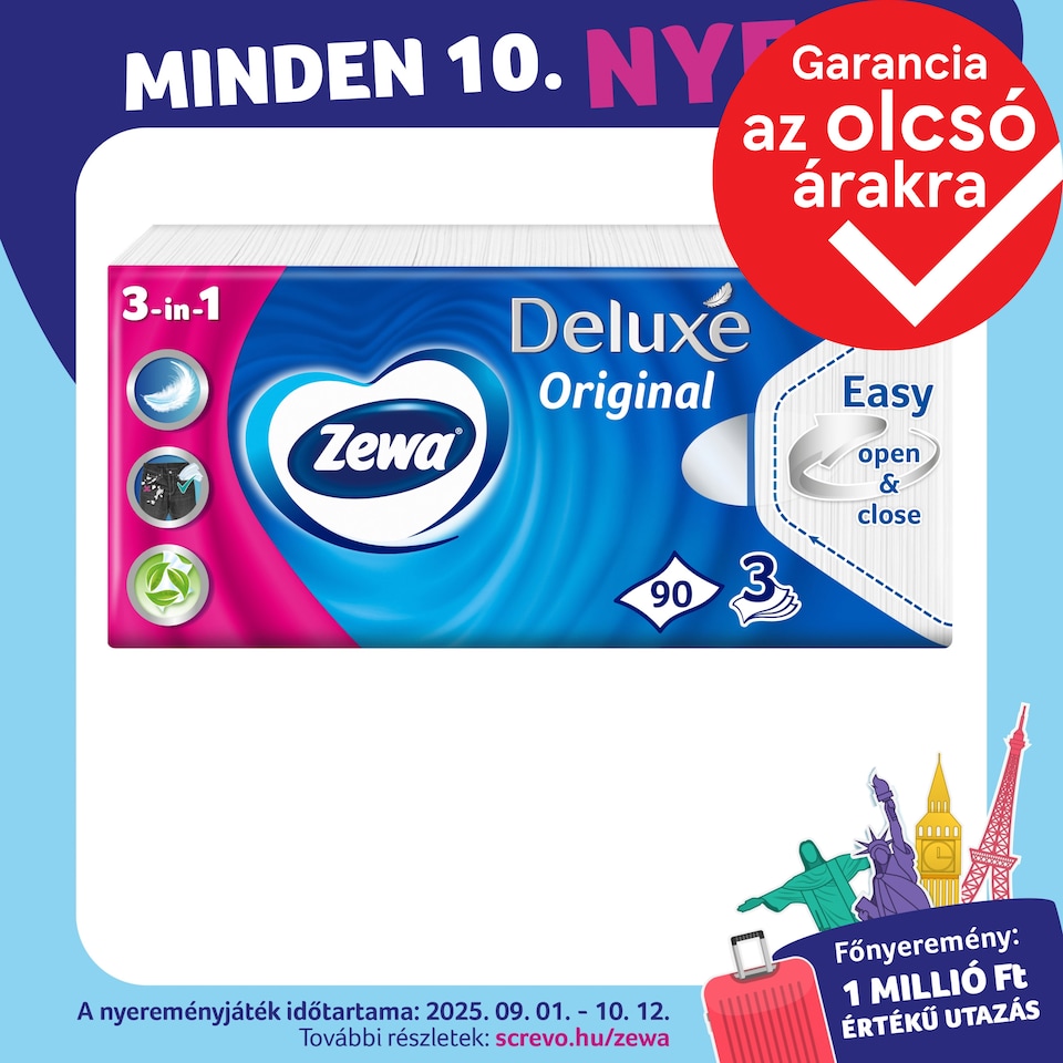 Zewa Deluxe Original illatmentes papír zsebkendő 3 rétegű 90 db 1. kép