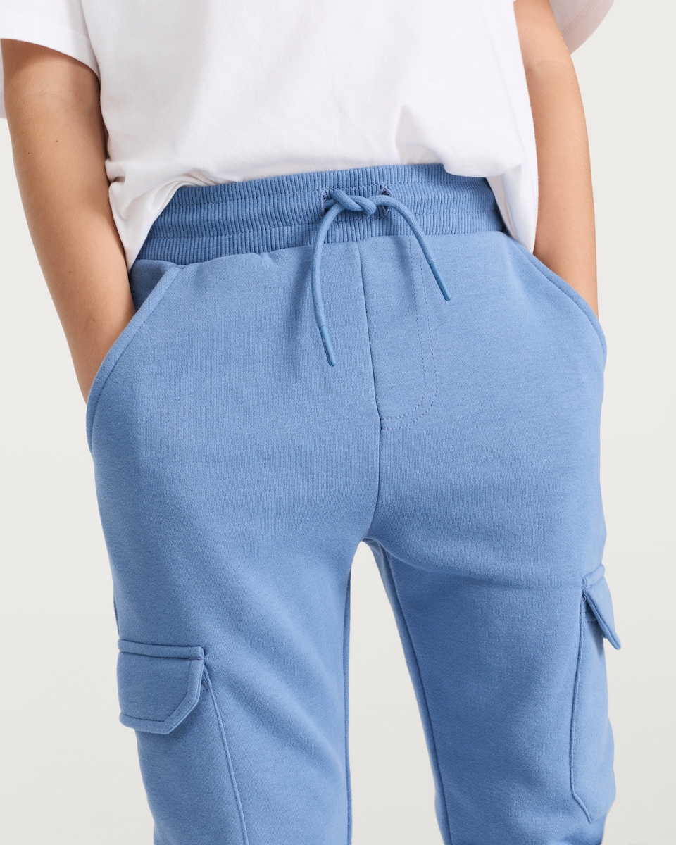 image 1 of F&F Boys Cotton Rich Cuffed Drawstring Cargo Joggers in Blue