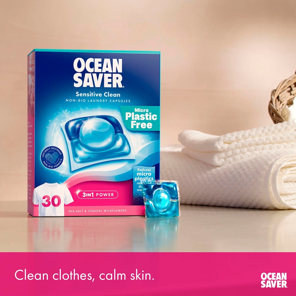 image 1 of OceanSaver Plastic Free 30 Sensitive Non Bio Washing Capsules Sea Salt & Coastal Wildflowers 420ml