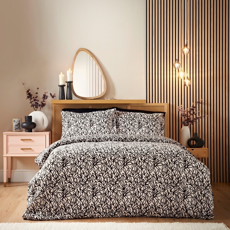 image 1 of Cosmo Living Mono Sketch Leaf Duvet Set Super King