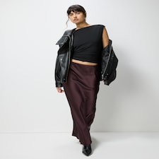 F&F Satin Midi Slip Skirt in Burgundy