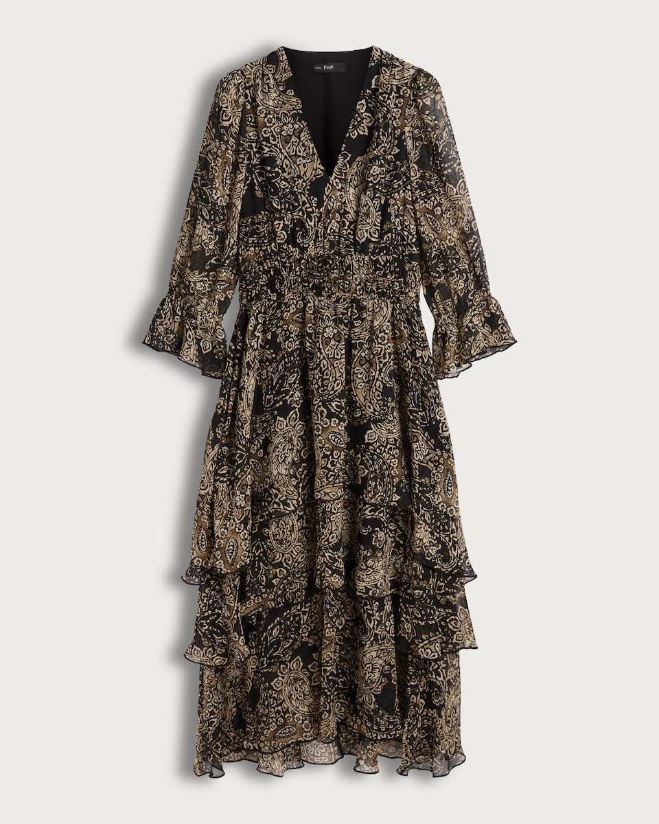 F&F Paisley Print Tiered Midi Dress in Multi Black White