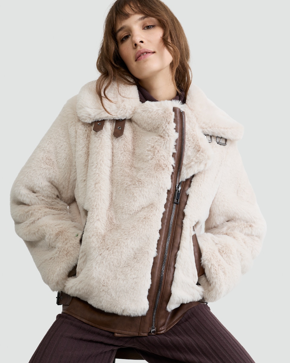 image 1 of F&F Faux Fur Aviator Jacket in Cream