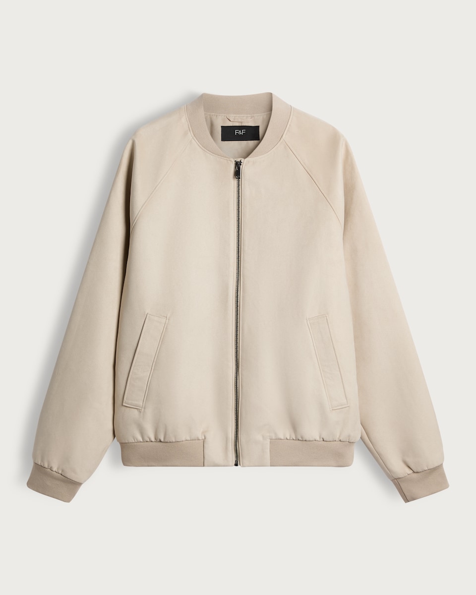 image 1 of The F&F Edit Faux Suede Zip Front Bomber Jacket in Stone