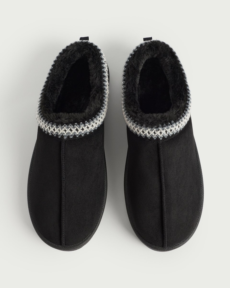image 1 of F&F Faux Fur Lined Embroidered Mule Slippers in Black