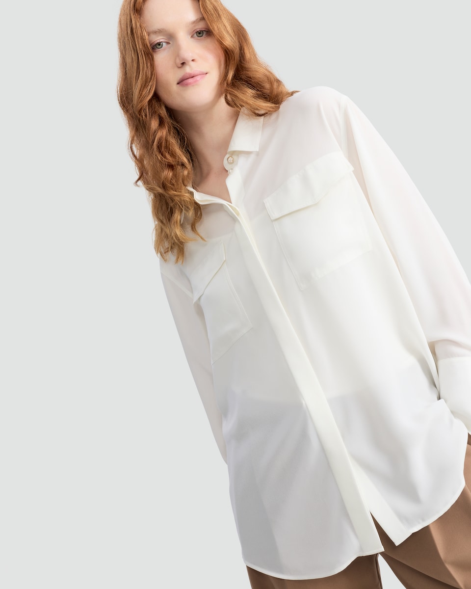 image 1 of F&F Satin Long Sleeved Pocket Front Shirt in Cream