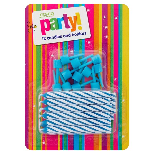 Tesco Blue Candy Stripe 12 Candles & Holder Tesco Groceries