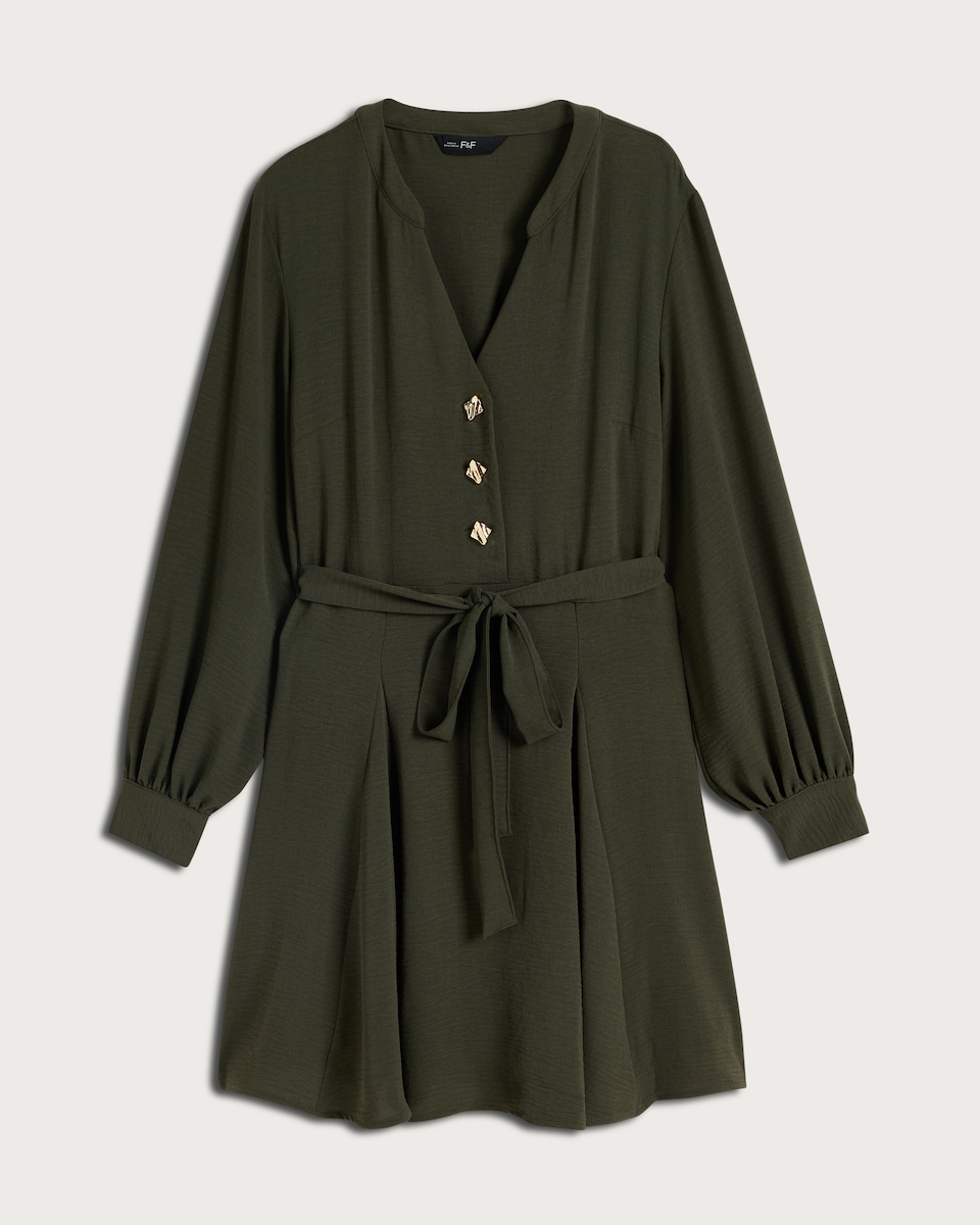 F&F Long Sleeved Belted Button Up Dress in Khaki