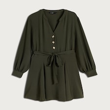 F&F Long Sleeved Belted Button Up Dress in Khaki