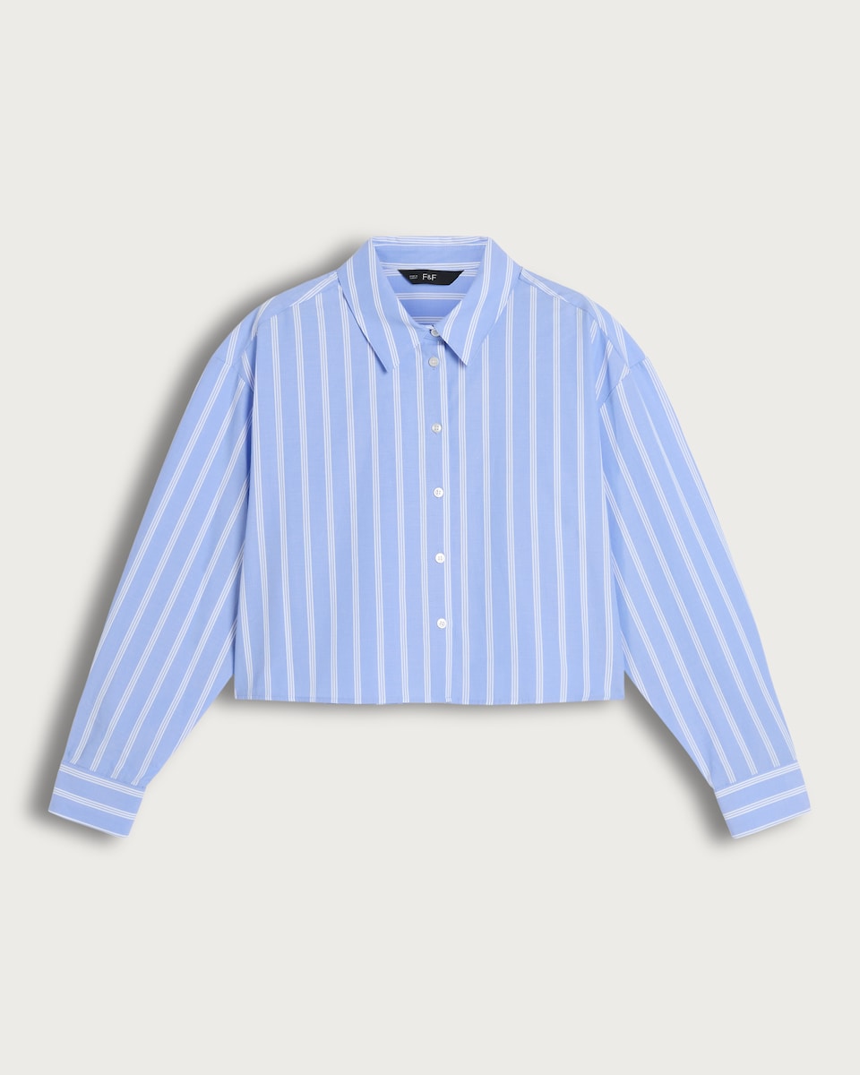 F&F Pure Cotton Stripe Cropped Shirt in Multi Blue