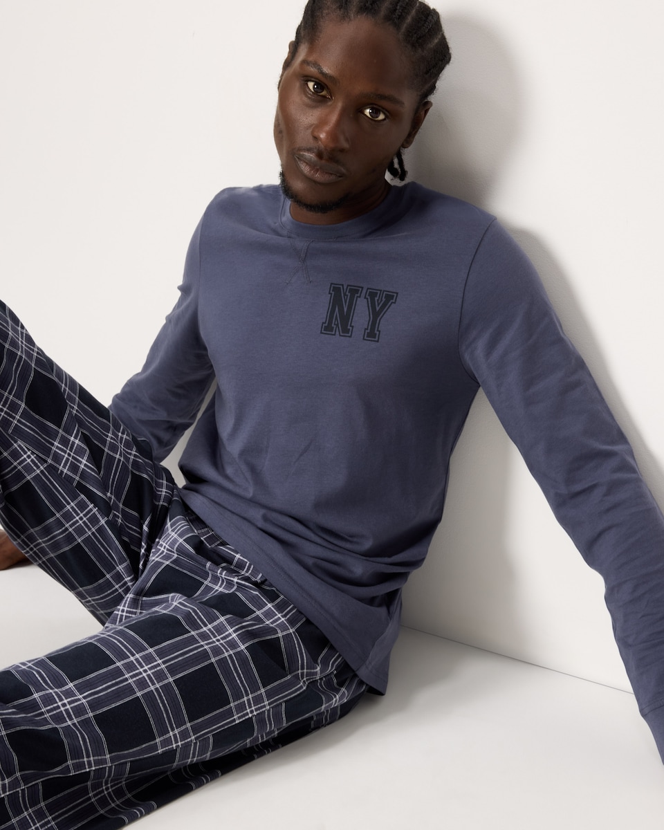 image 1 of F&F Pure Cotton Top and Check Bottoms Pyjama Set in Blue