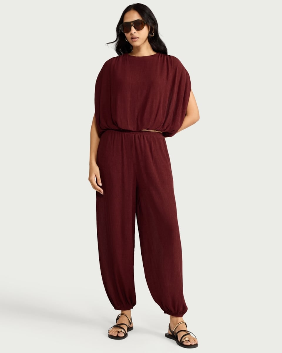 image 1 of F&F Textured Elasticated Cuff Balloon Co-ord Trousers in Red