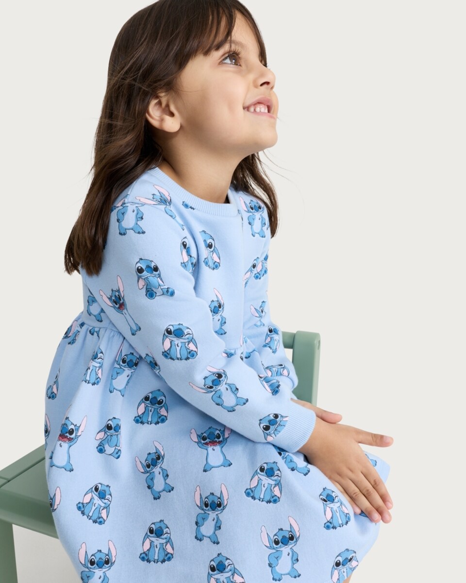 image 1 of Disney Stitch Cotton Rich Long Sleeved Sweater Dress in Blue