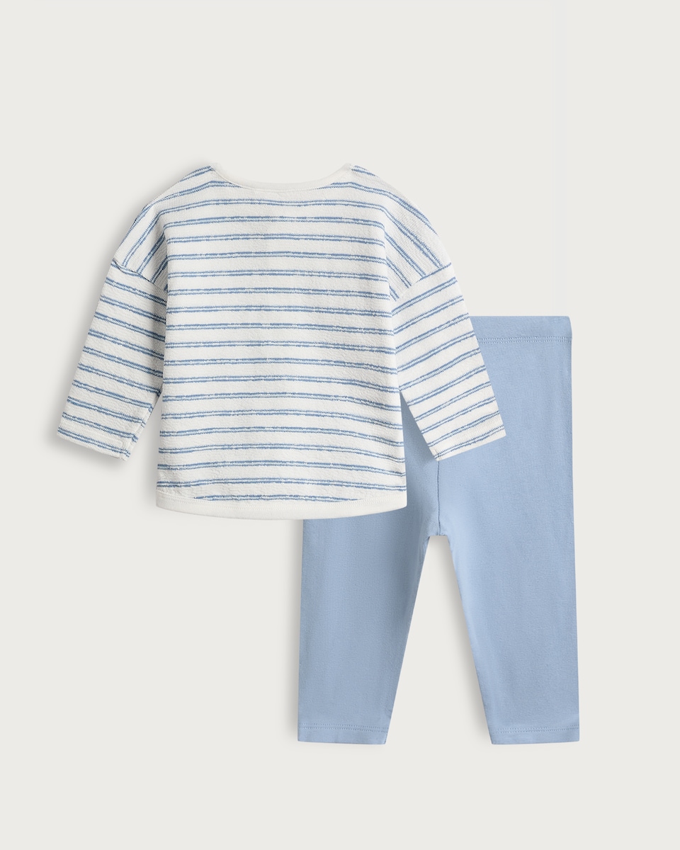 image 1 of F&F Baby 2-Piece Pure Cotton Striped Top and Leggings Set in Blue