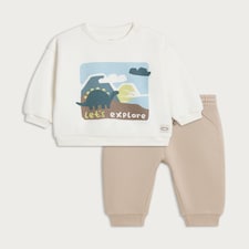 F&F Baby 2-Piece Cotton Rich Let's Explore Sweatshirt and Joggers Set in Cream