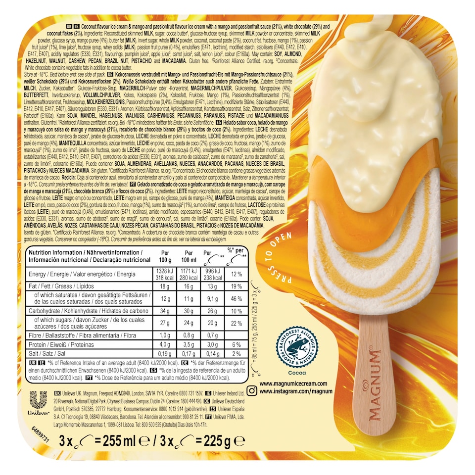 image 1 of Magnum Sunlover White Chocolate Mango & Coconut Ice Cream Sticks 3x85ml