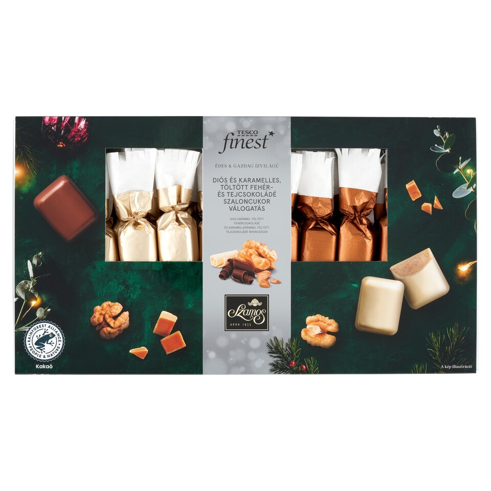 Tesco Finest diós és karamelles, töltött fehér- és tejcsokoládé szaloncukor válogatás 240 g