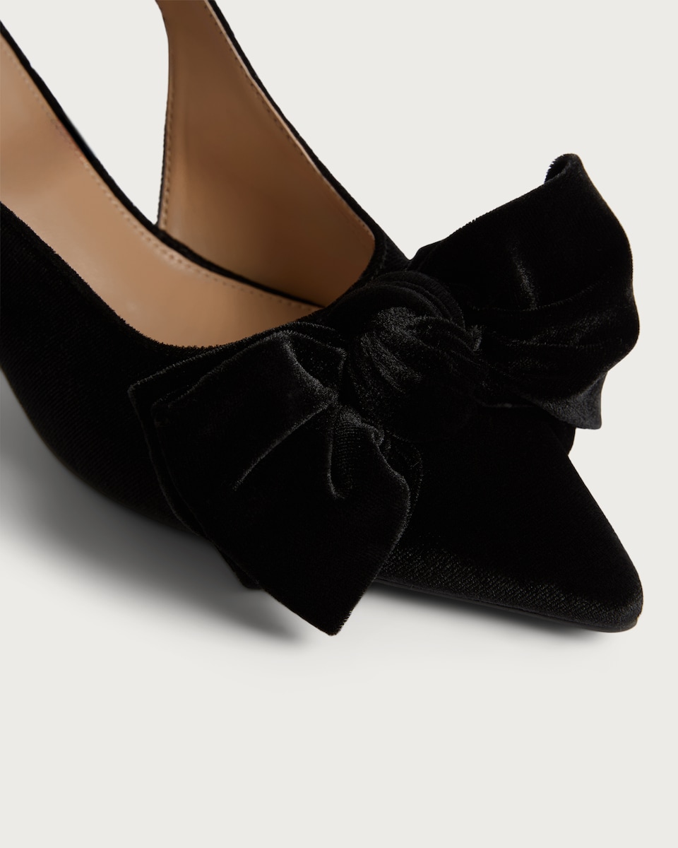 image 1 of SACHA Velvet Bow Detail Pointed Toe Slingback Heels in Black