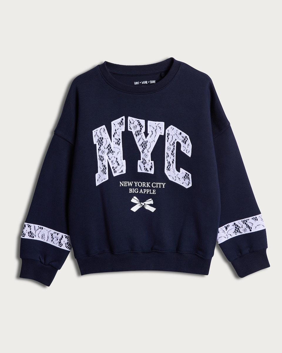 F&F Girls Cotton Rich NYC Big Apple Slogan Sweatshirt in Navy