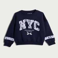 F&F Girls Cotton Rich NYC Big Apple Slogan Sweatshirt in Navy