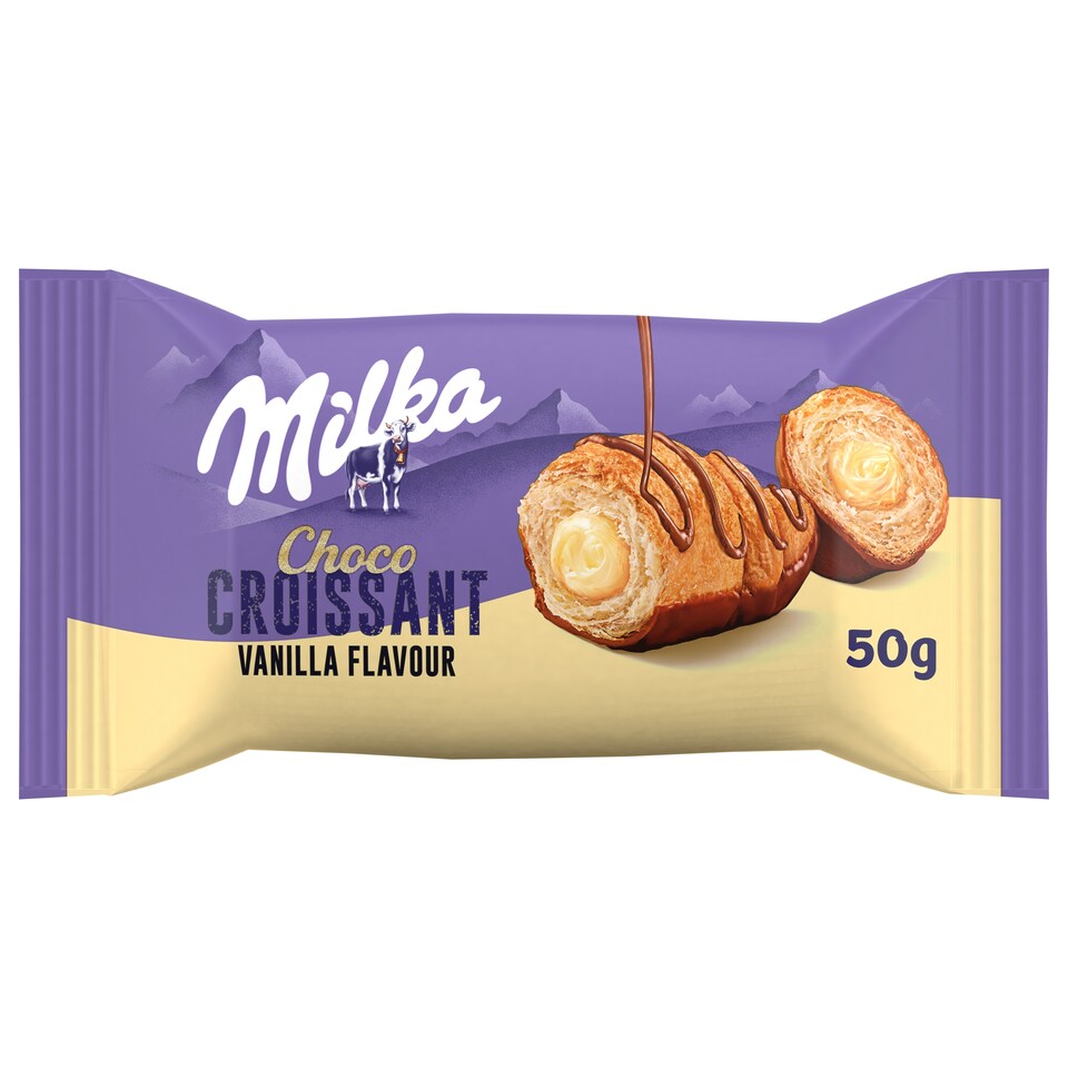 obrázok 1 z Milka Choco croissant Vanilla s náplňou s vanil. prích. v mliečnej čoko zdobené mliečnou čoko. 50 g
