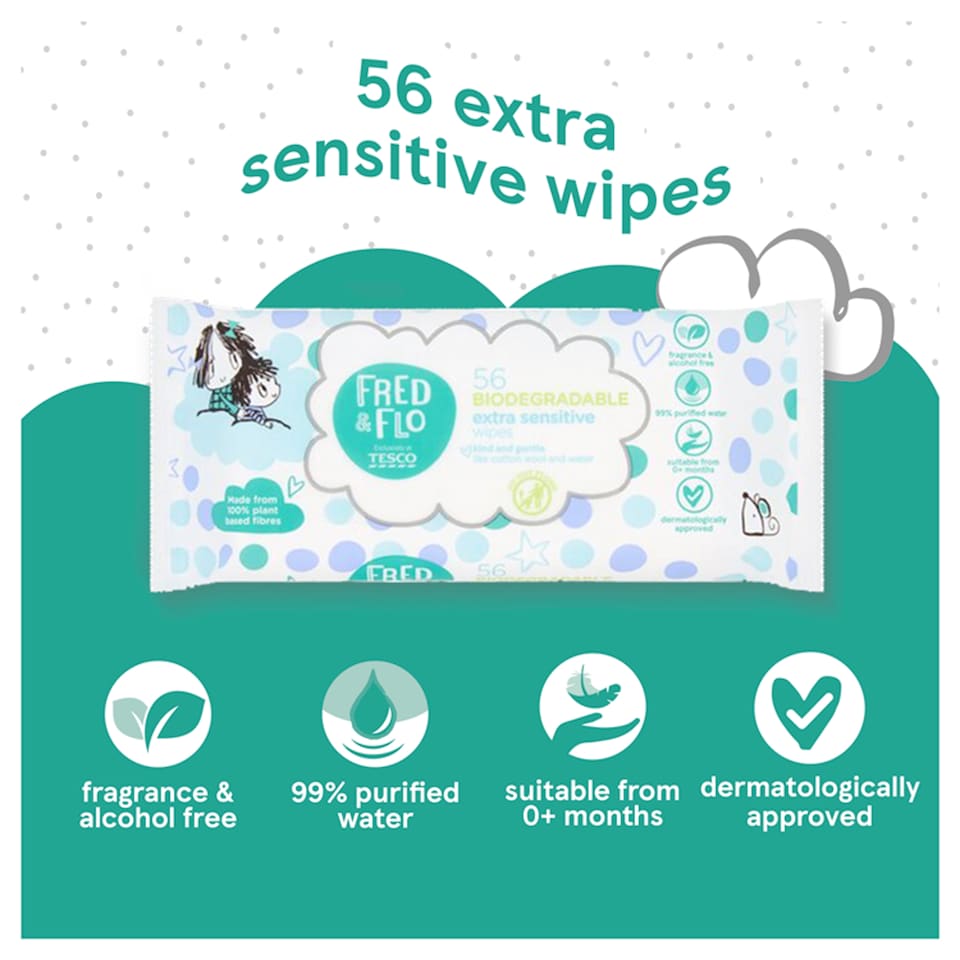 image 1 of Fred & Flo Biodegradable Extra Sensitive Wipes 56 Pack