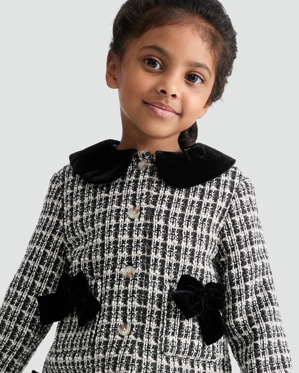 image 1 of F&F Girls 2-Piece Boucle Check Print Bow Jacket and Shorts Set in Multi Black White