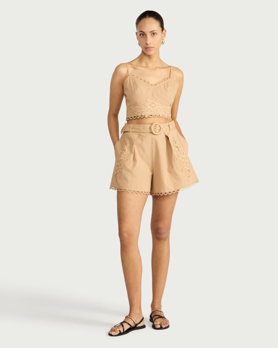 image 1 of The F&F Edit Cotton Rich Embroidered Belted Co-ord Shorts in Camel