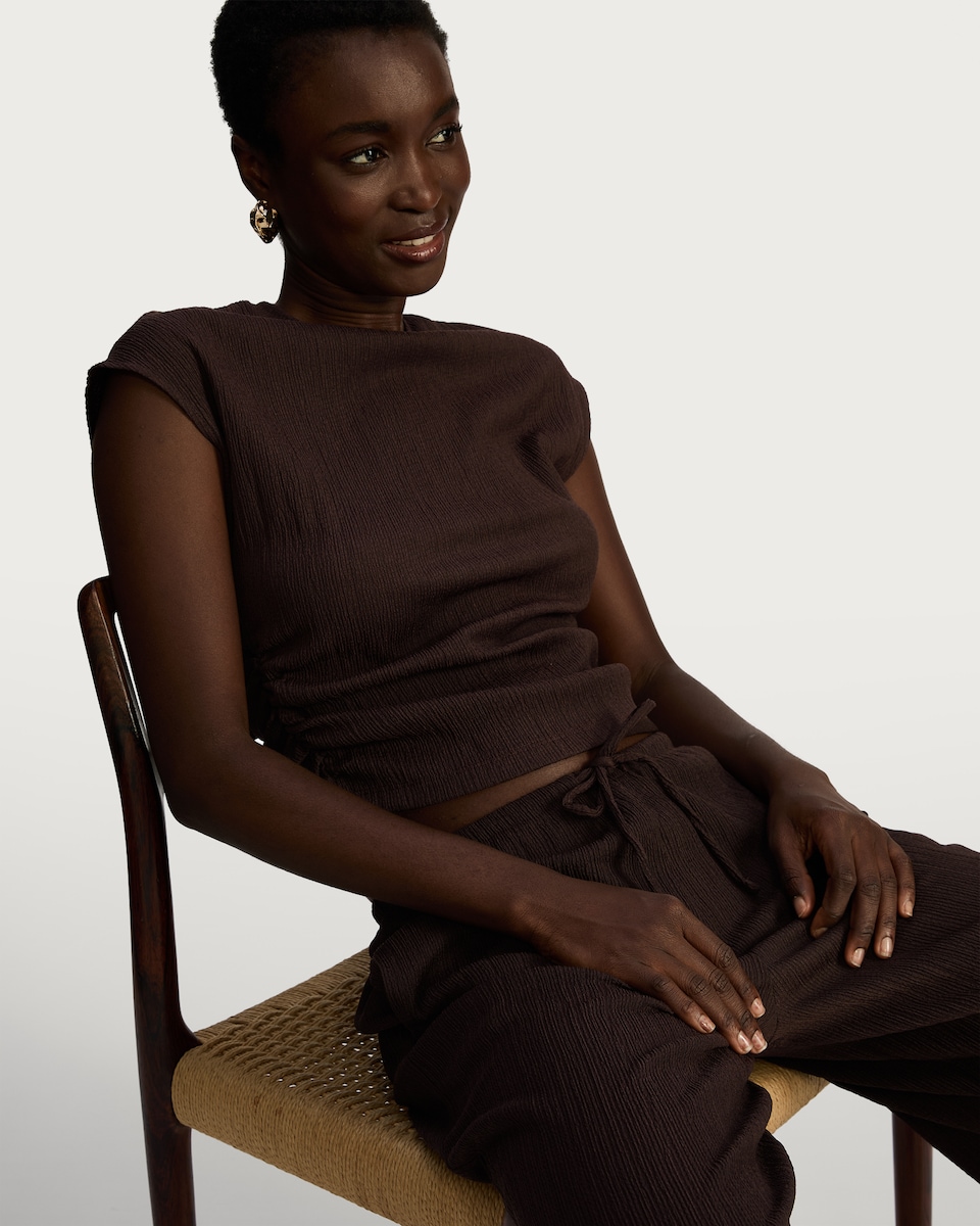 image 1 of F&F Crinkle Ruched Cap Sleeved Co-ord Top in Brown