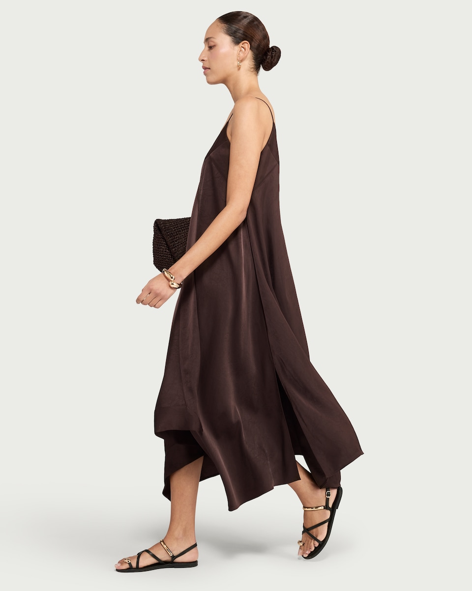 image 1 of F&F V Neck Hanky Hem Dress in Brown