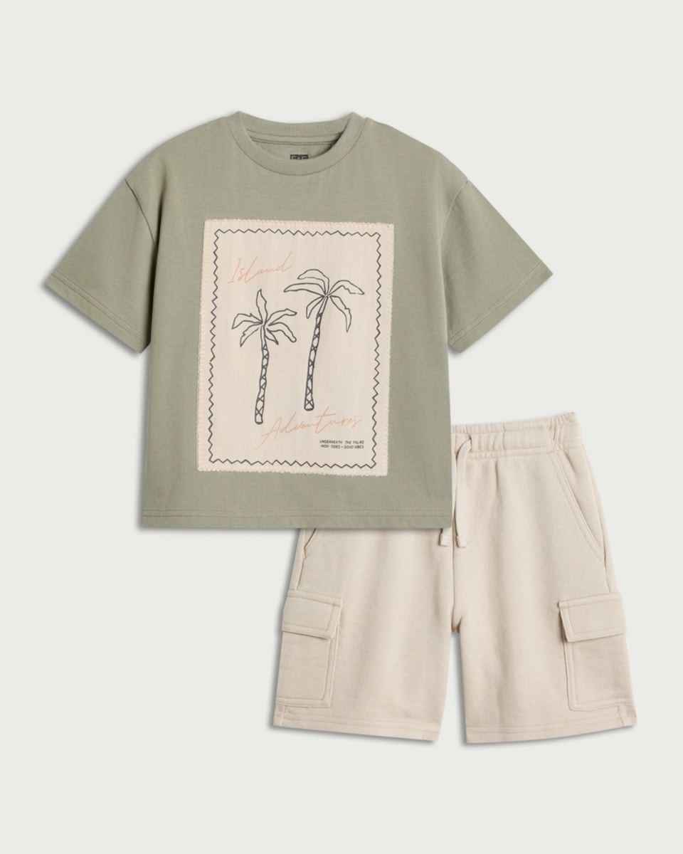 image 1 of F&F Boys 2-Piece Island Adventures T-Shirt and Cargo Shorts Set in Khaki