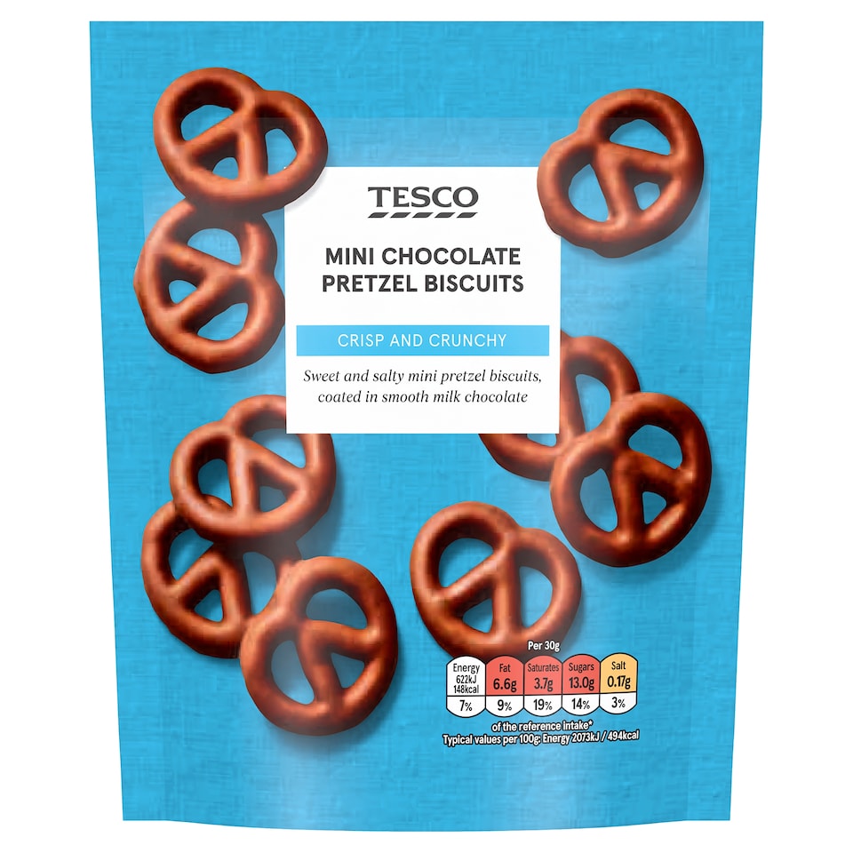 Tesco Mini Sweet & Salty Chocolate Pretzels Biscuit 90g Pouch