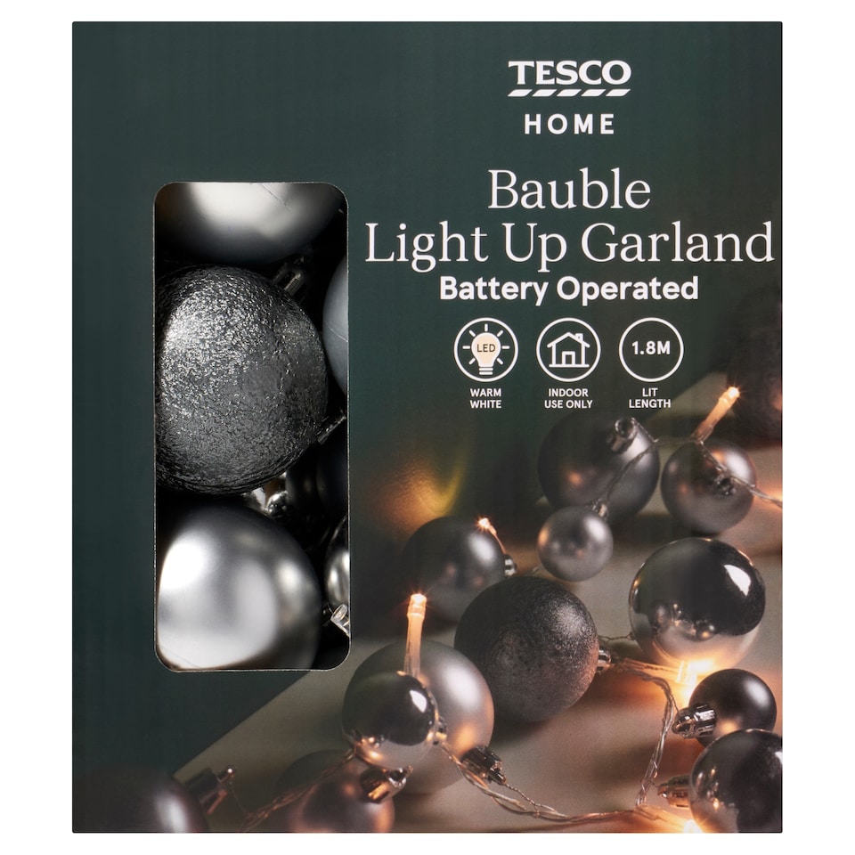 image 1 of Tesco Silver Christmas Bauble Light Up Garland