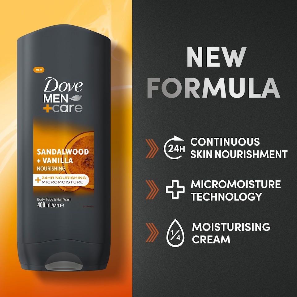 image 1 of Dove Men+ Care Sandalwood and Vanilla Body Face & Hair Wash 400ml