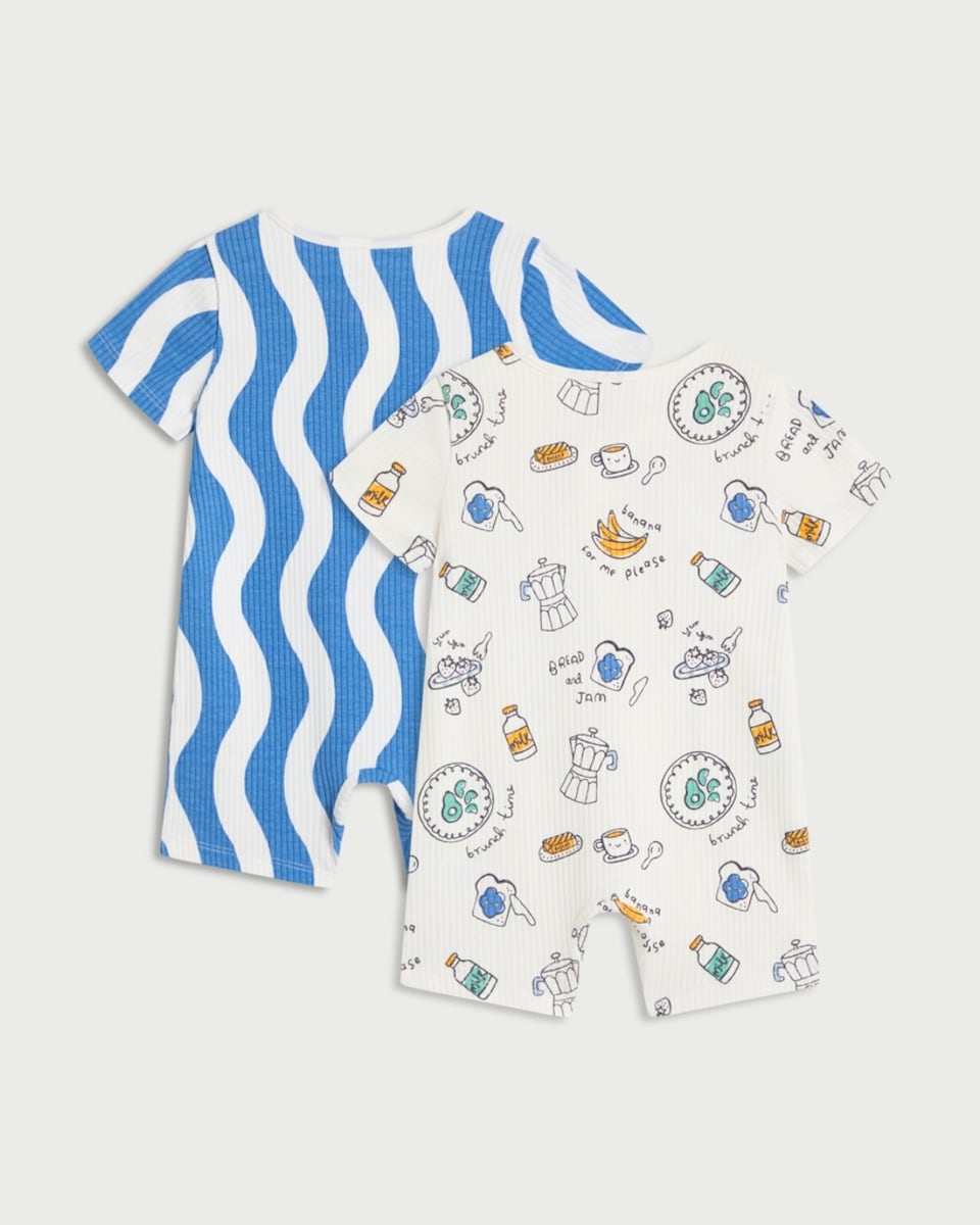 image 1 of F&F Baby 2-Pack Cotton Rich Printed Short Sleeved Rompers in White