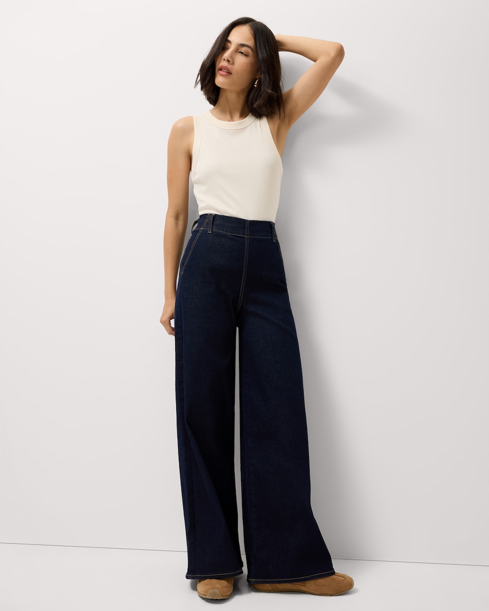 image 1 of F&F Cotton Rich Sculpt Wide Leg Jeans in Navy