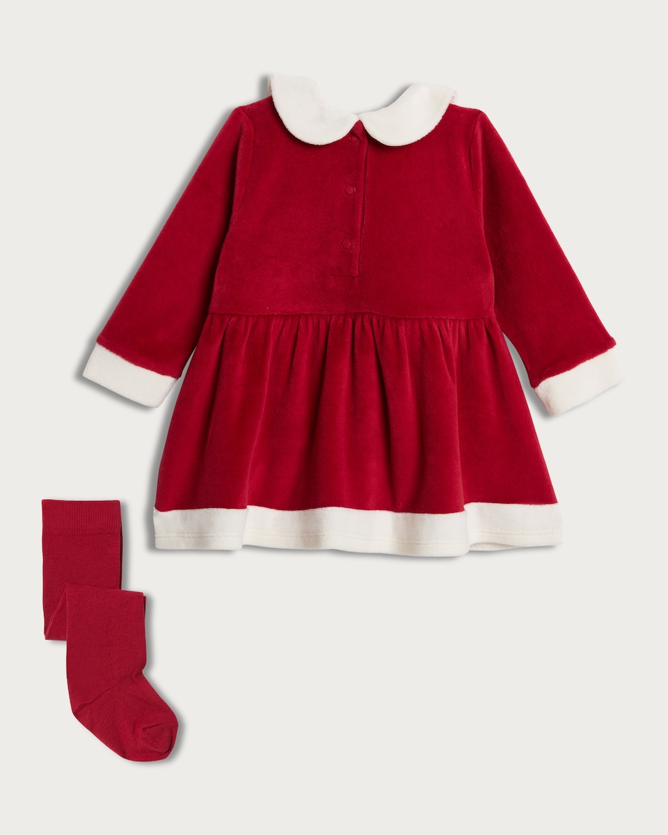 image 1 of F&F Baby 2-Piece Velour Santa Dress and Tights Set in Red