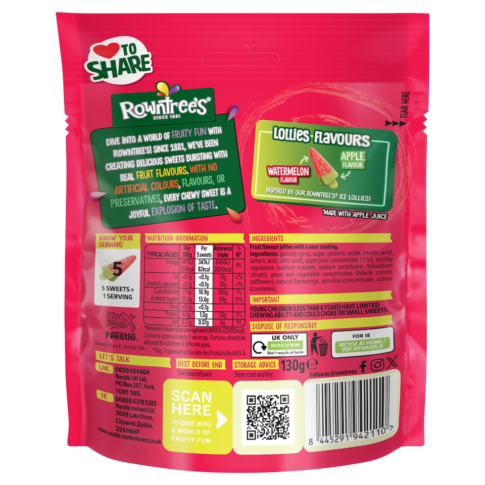 image 1 of Rowntrees Sour Watermelon Flavour Lollies 130g