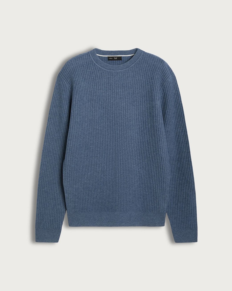 image 1 of F&F Waffle Knit Crew Neck Jumper with Wool in Blue