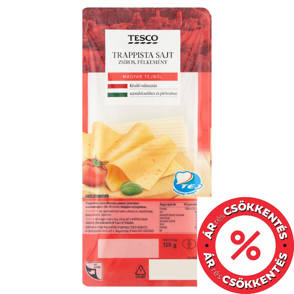Tesco szeletelt, zsíros, félkemény trappista sajt 125 g