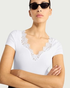 F&F Lace Trim V Neck Short Sleeved Top in Cream