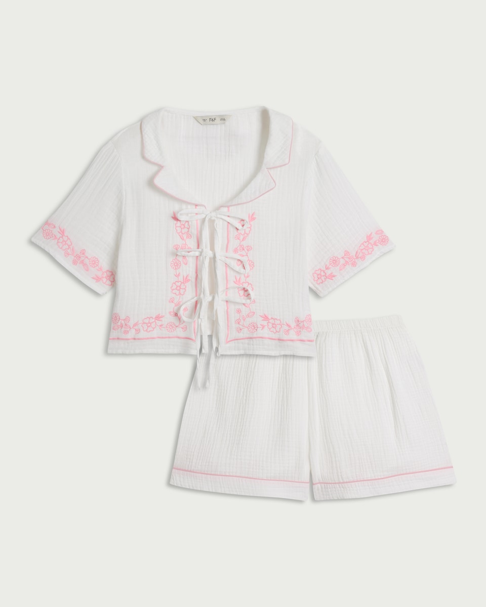 image 1 of F&F 2-Piece Pure Cotton Embroidered Pyjama Set in Cream