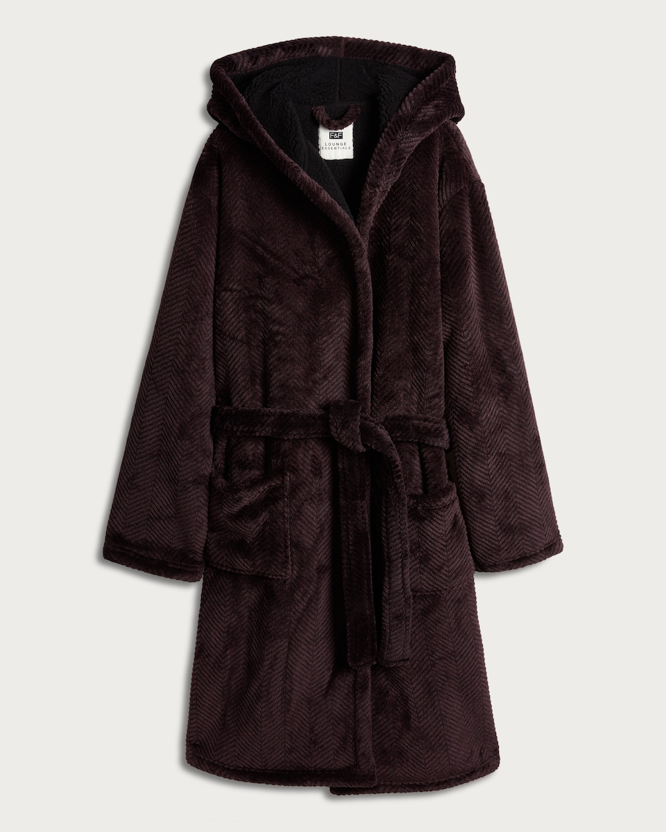 F&F Hooded Herringbone Dressing Gown in Burgundy