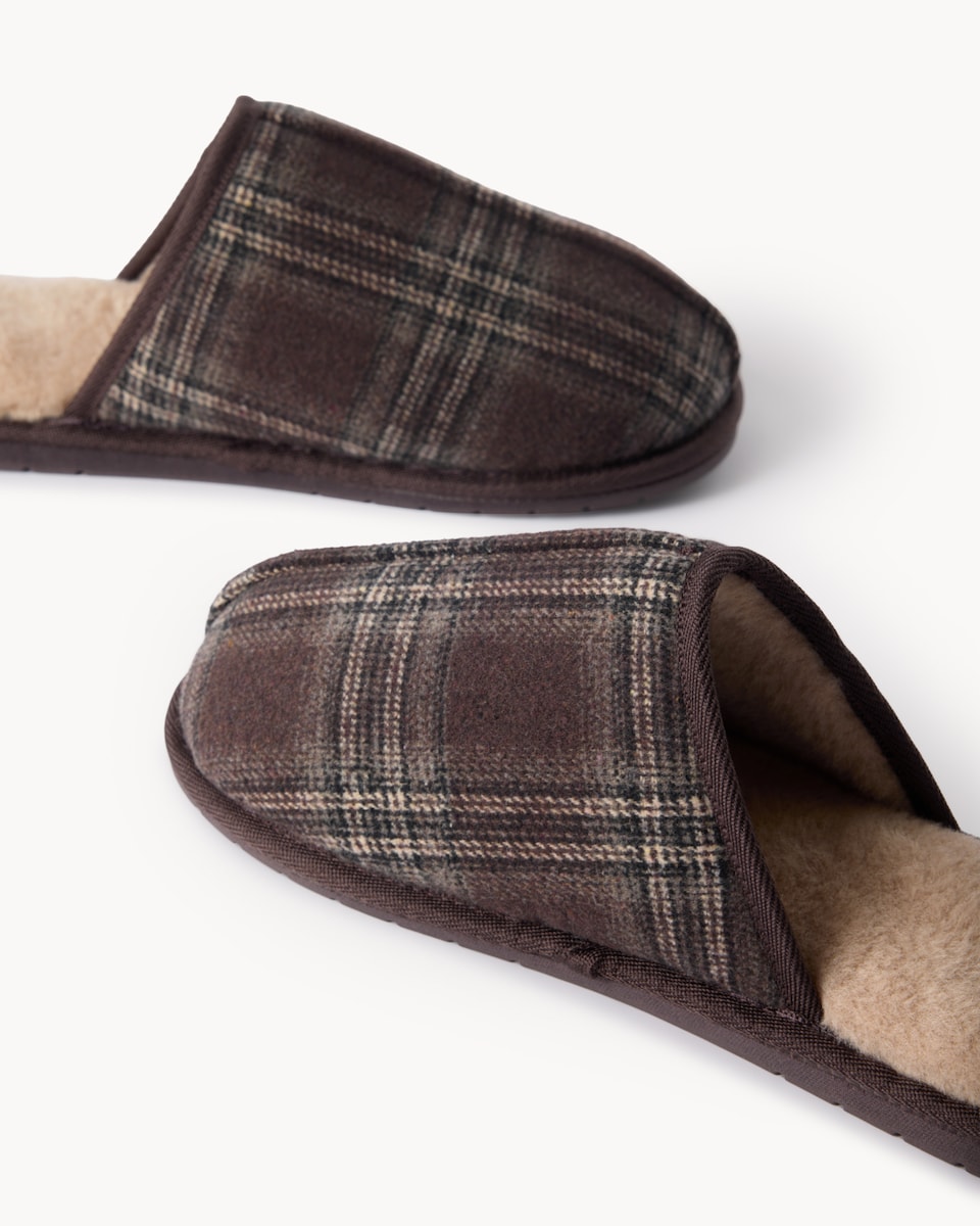 image 1 of F&F Faux Fur Lined Checked Mule Slippers in Brown