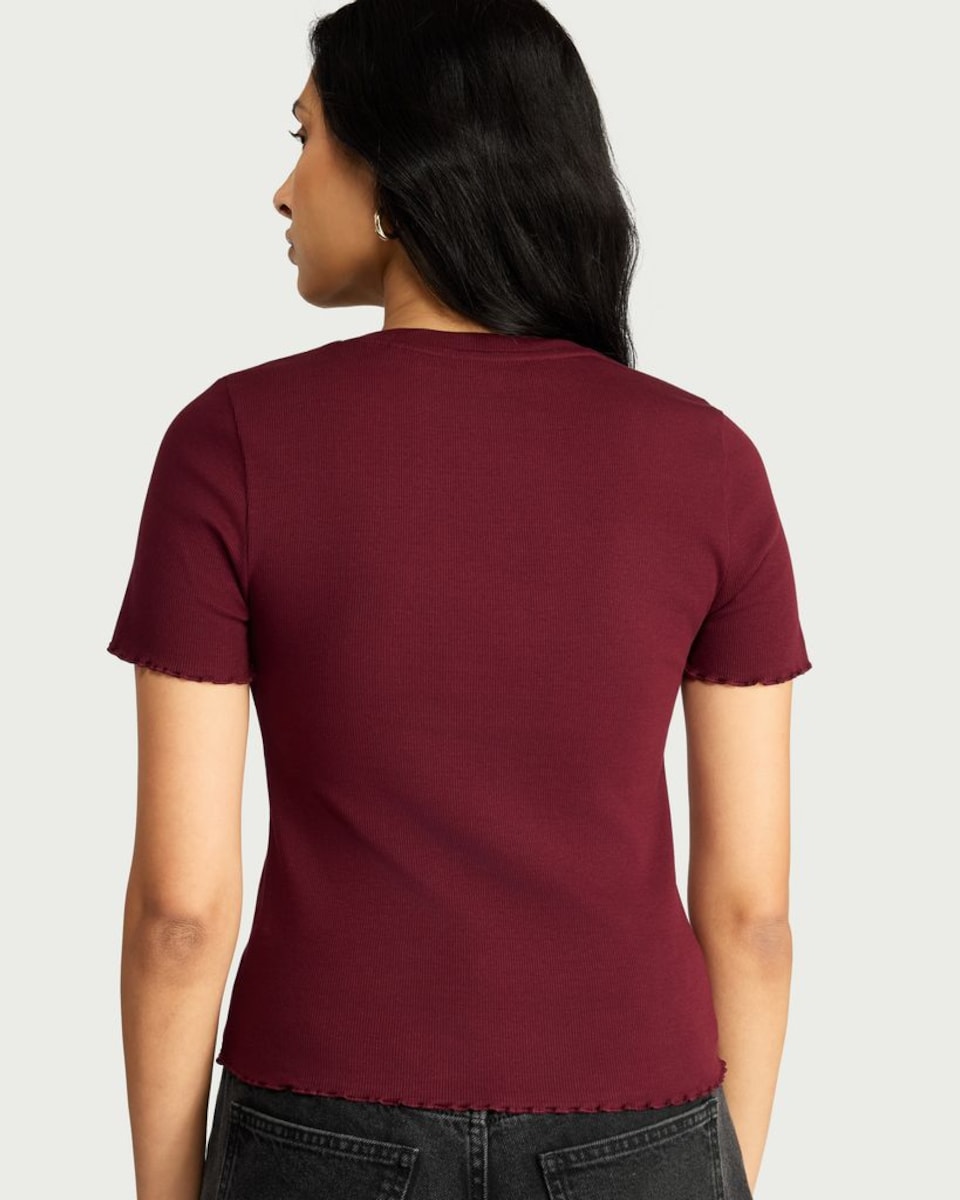 image 1 of F&F Cotton Rich Lettuce Hem T-Shirt in Burgundy